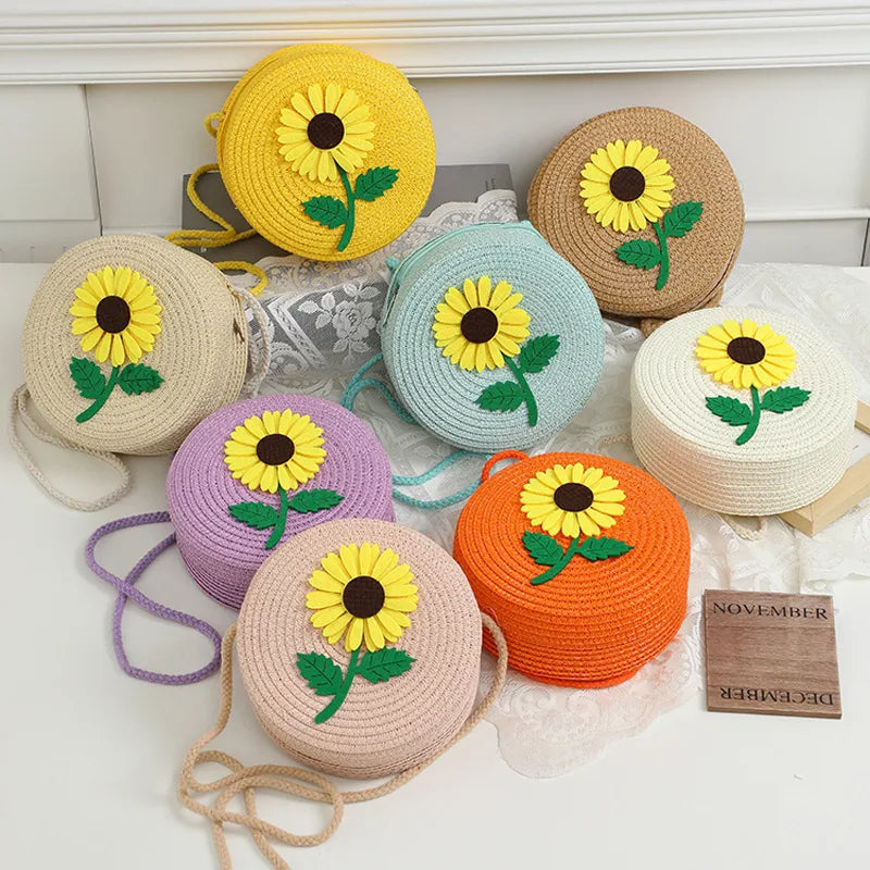 Round woven sunflower crossbody bag – Assorted colours with stem and leaf sunflower motif | BTendance