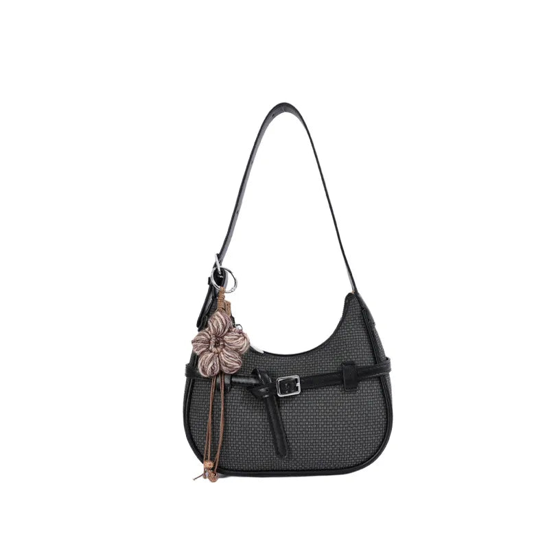 Buckle shoulder bag with floral charm – Black bag, front view | BTendance