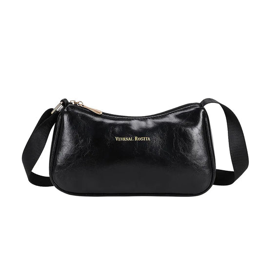 Glossy zip shoulder bag with woven strap – Black bag on white background | BTendance