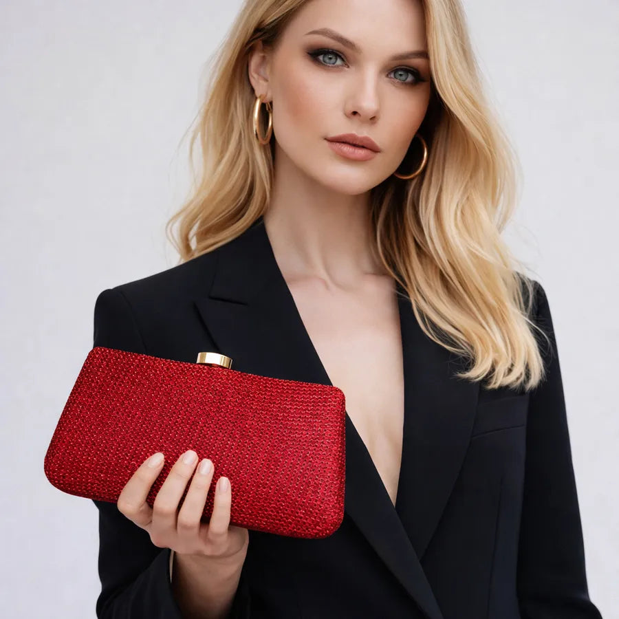 Women's Textured Nylon Evening Clutch with Slim Frame – Red held for scale | BTendance