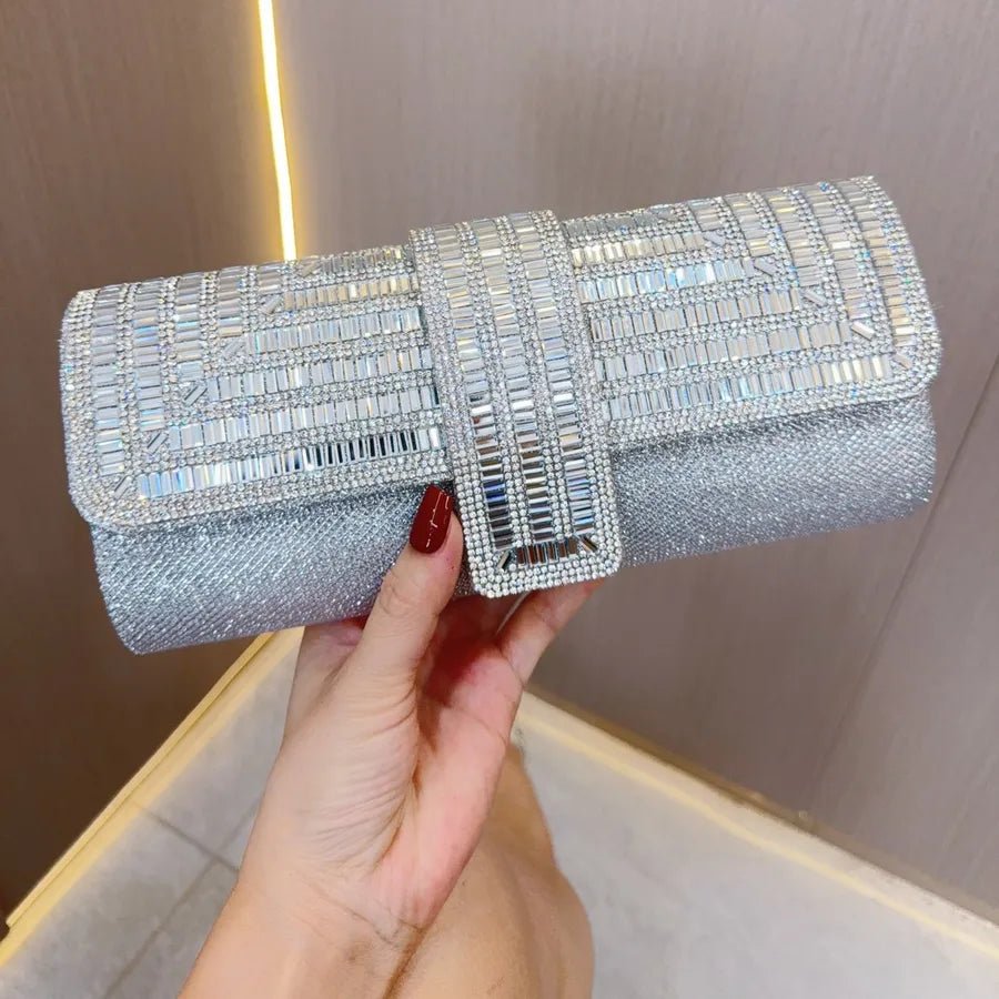 Geometric Rhinestone Flap Evening Clutch – Silver held for scale | BTendance