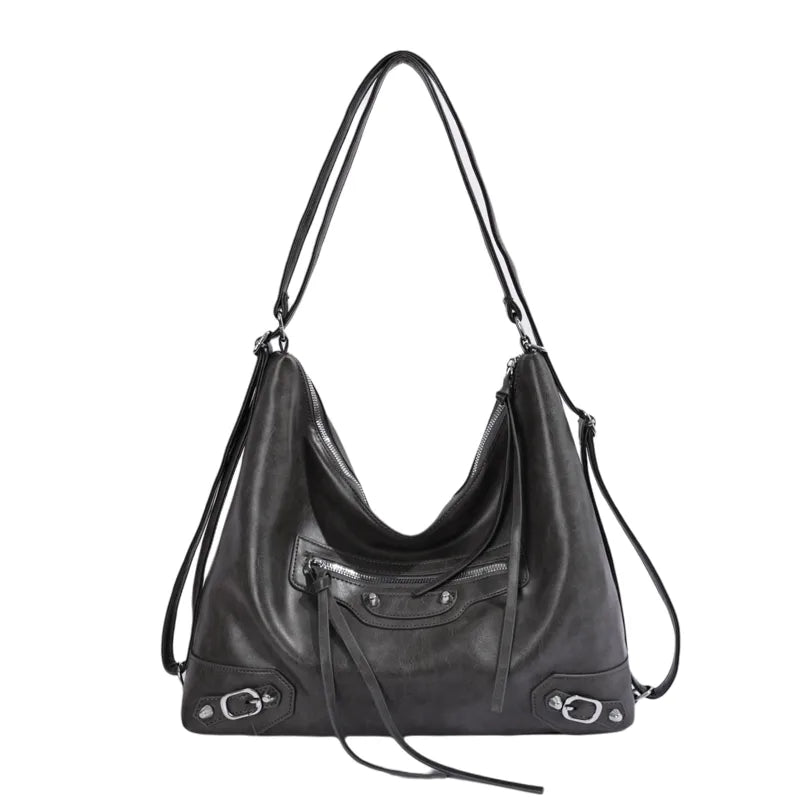 Slouchy shoulder bag with front zip and buckle details — grey on white background | BTendance