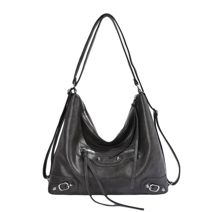 Slouchy shoulder bag with front zip and buckle details — grey on white background | BTendance