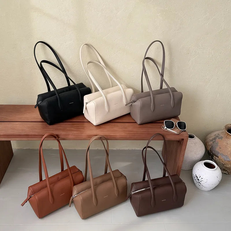 Rectangular shoulder bag with long twin handles — six colors grouped on display | BTendance