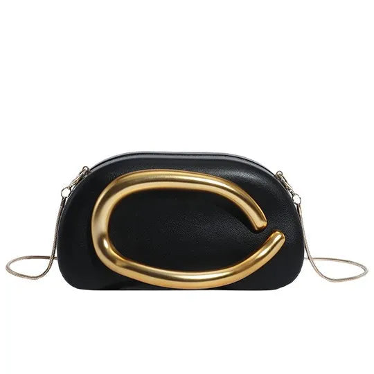 Women's Oval Faux Leather Clutch with Sculptural Metal Accent – Black front | BTendance