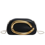 Women's Oval Faux Leather Clutch with Sculptural Metal Accent – Black front | BTendance