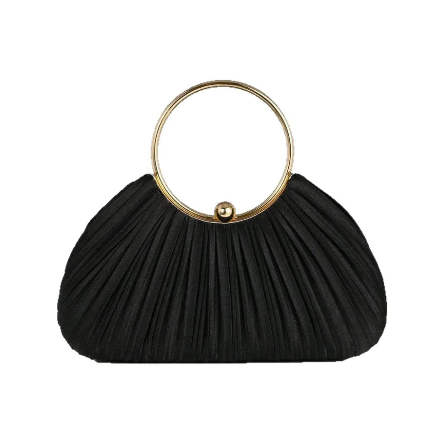 Women's Pleated Polyester Ring Handle Evening Clutch – Black front | BTendance