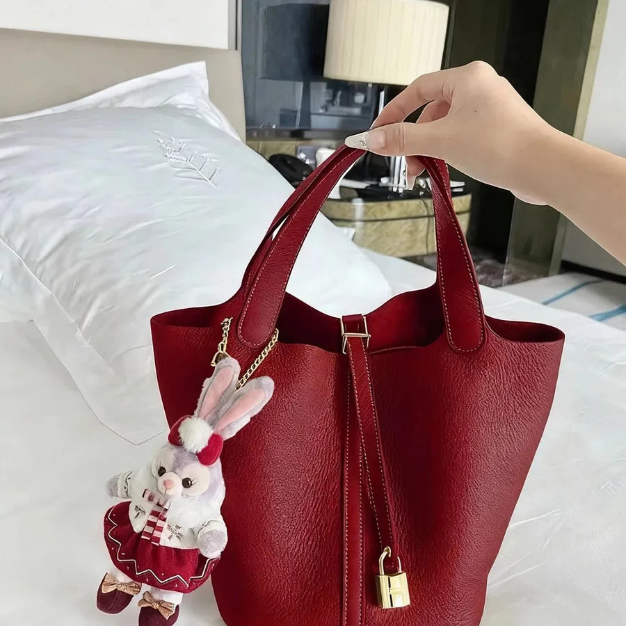 Red Faux Leather Top Handle Bucket Bag in Red | BTendance