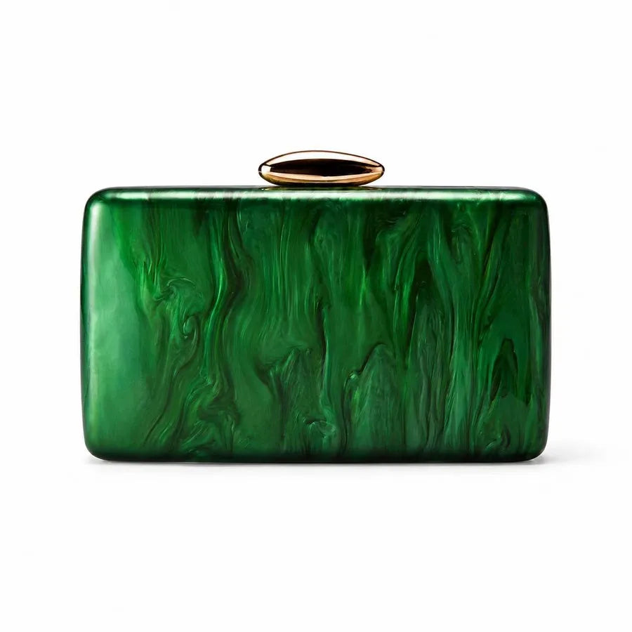 Women's Marbled Acrylic Rectangle Clutch with Oval Clasp – Green front | BTendance
