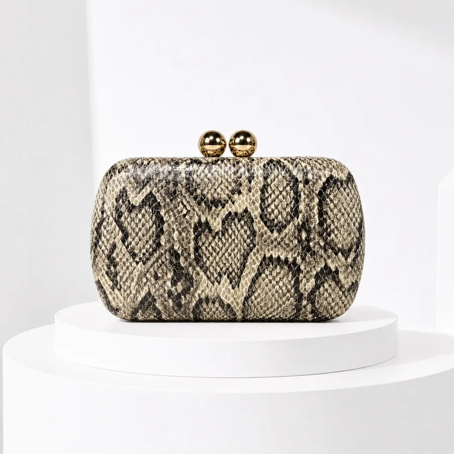 Women's Kiss-Lock Faux Leather Evening Clutch – Khaki patterned front | BTendance