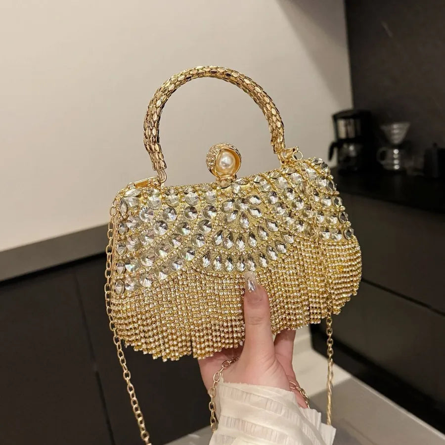 Women's Scalloped Rhinestone Mini Evening Handbag – Gold held for scale | BTendance