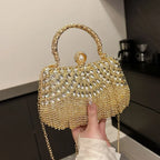 Women's Scalloped Rhinestone Mini Evening Handbag – Gold held for scale | BTendance