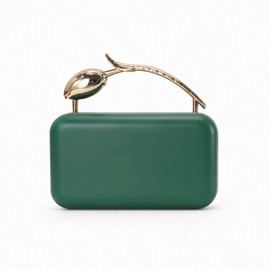 Rectangular evening clutch — green with sculptural tulip handle | BTendance