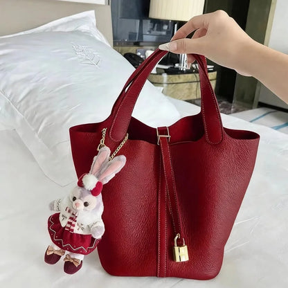 Red Faux Leather Top Handle Bucket Bag — product view | BTendance