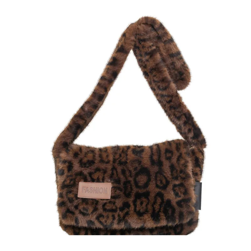 Leopard-print plush shoulder bag — dark brown on white background | BTendance