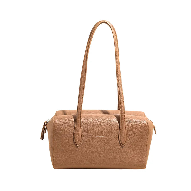 Rectangular shoulder bag with long twin handles — tan on white background | BTendance