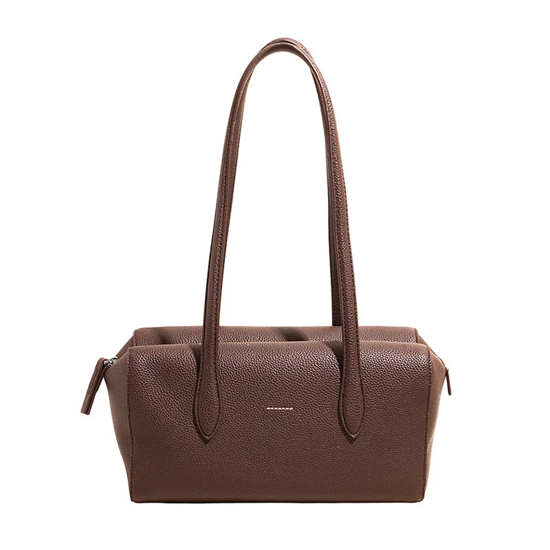 Rectangular shoulder bag with long twin handles — brown on white background | BTendance