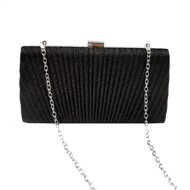 Women's Pleated Faux Leather Evening Clutch with Chain – Black with chain | BTendance