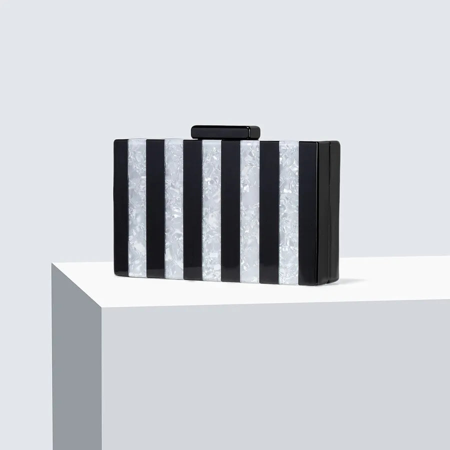 Women's Striped Acrylic Box Clutch with Chain – Black stripe front | BTendance