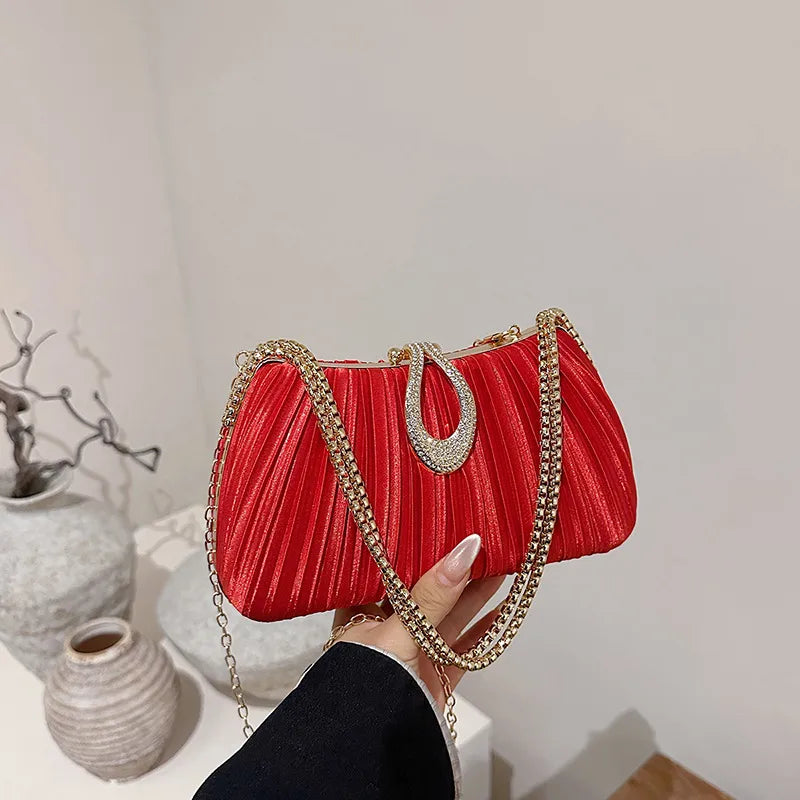 Pleated Evening Bag with Rhinestone Loop Detail – Red with chain | BTendance