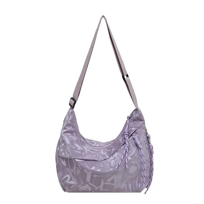Patterned shoulder bag with braided front detail — lilac on white background | BTendance