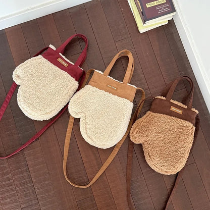Mitten-shaped crossbody bag with contrasting plush panel — three colors showing plush reverse panels | BTendance
