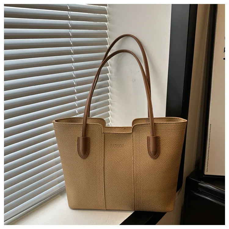 Structured tote bag with long handles – Tan bag, front view | BTendance