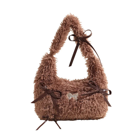 Shaggy plush shoulder bag with ribbon bows — brown on white background | BTendance