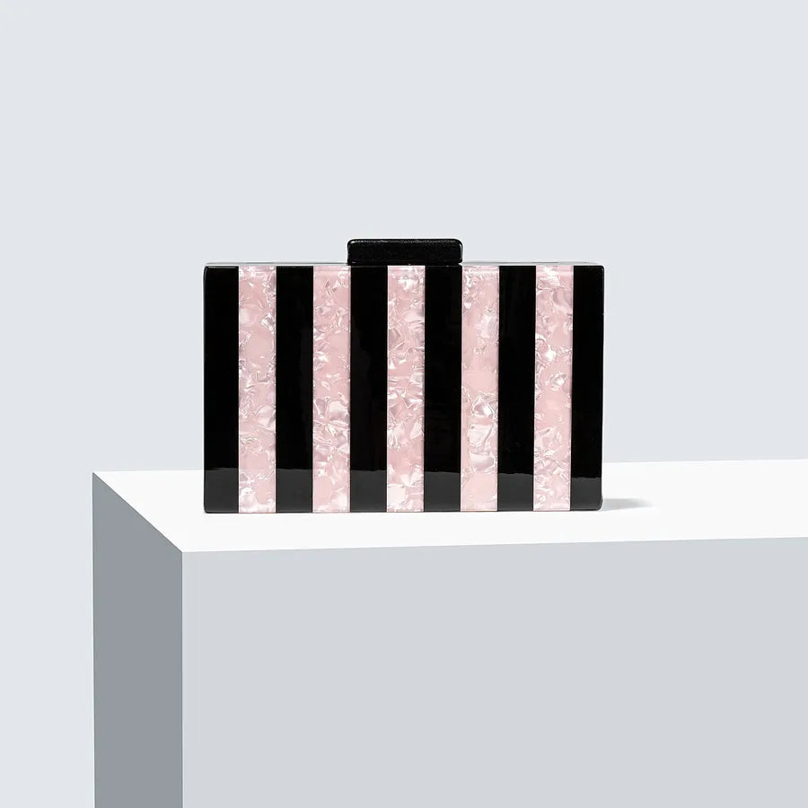 Women's Striped Acrylic Box Clutch with Chain – Pink stripe front | BTendance