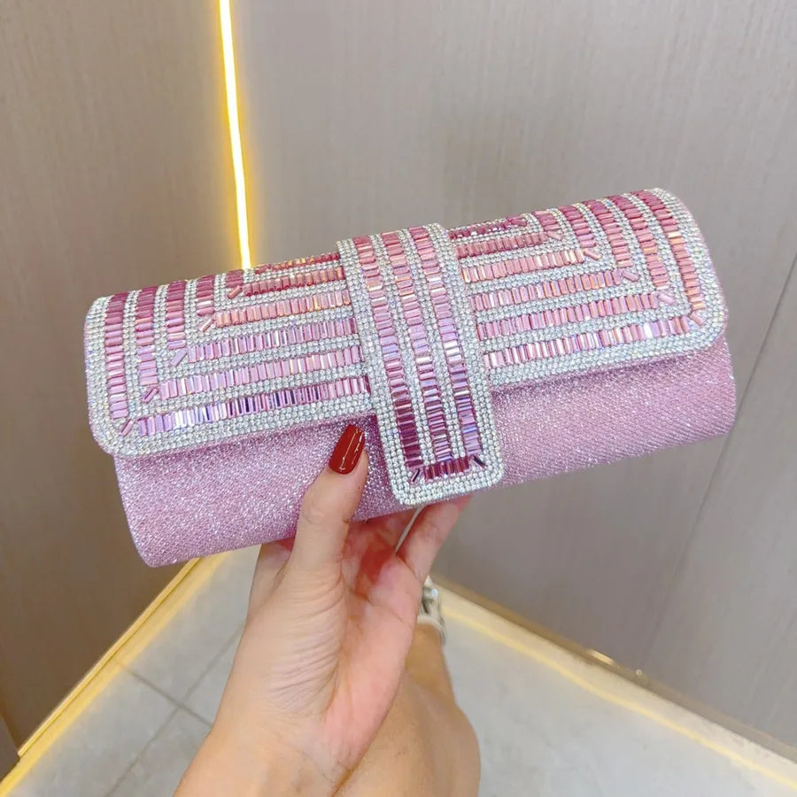 Geometric Rhinestone Flap Evening Clutch – Pink held for scale | BTendance