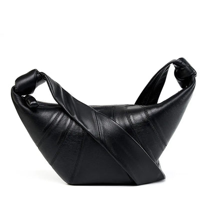 Panelled crescent sling bag – Black bag, angled front view | BTendance