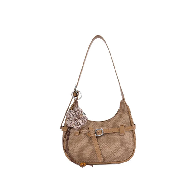 Buckle shoulder bag with floral charm – Beige bag, front view | BTendance