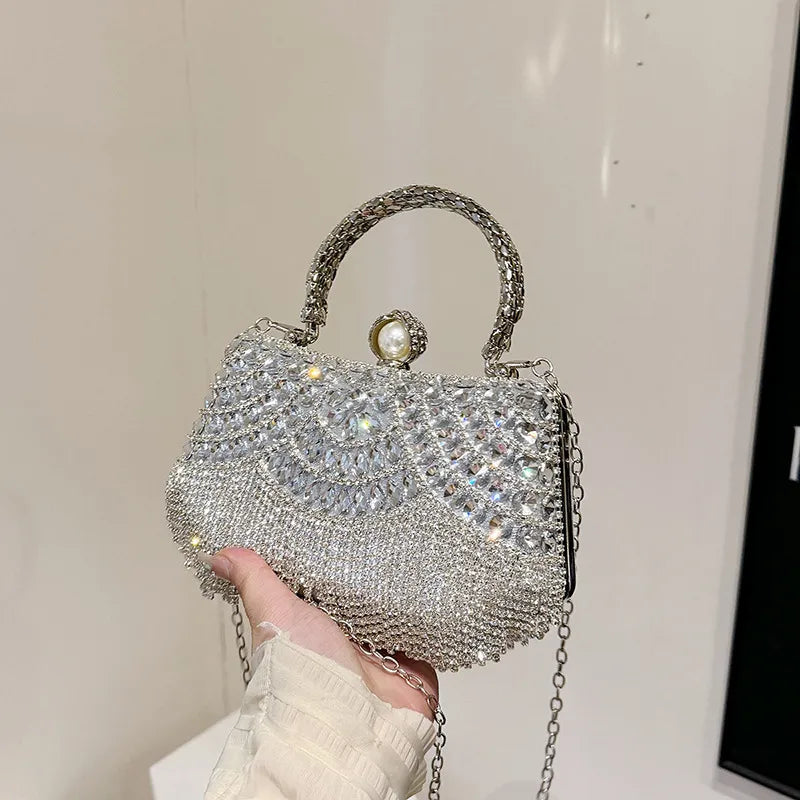 Women's Scalloped Rhinestone Mini Evening Handbag – Silver held for scale | BTendance
