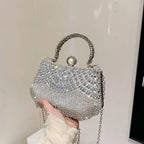 Women's Scalloped Rhinestone Mini Evening Handbag – Silver held for scale | BTendance