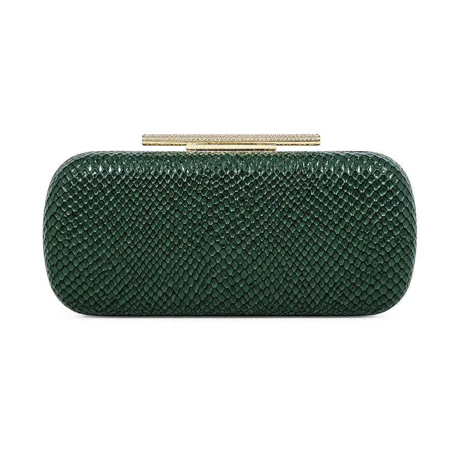 Snakeskin-texture rectangular evening clutch with bar clasp — green on white background | BTendance