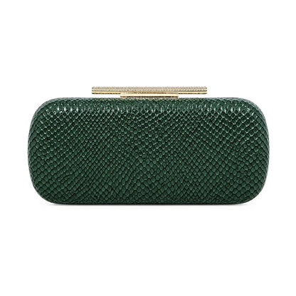 Snakeskin-texture rectangular evening clutch with bar clasp — green on white background | BTendance