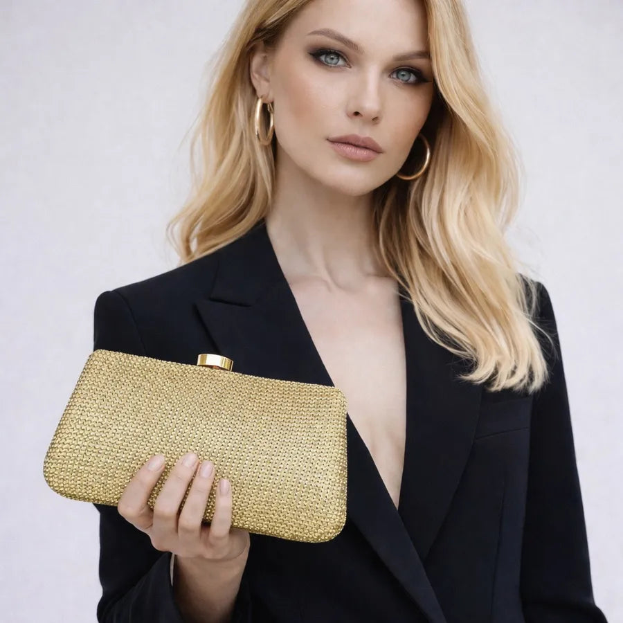 Women's Textured Nylon Evening Clutch with Slim Frame – Gold held for scale | BTendance