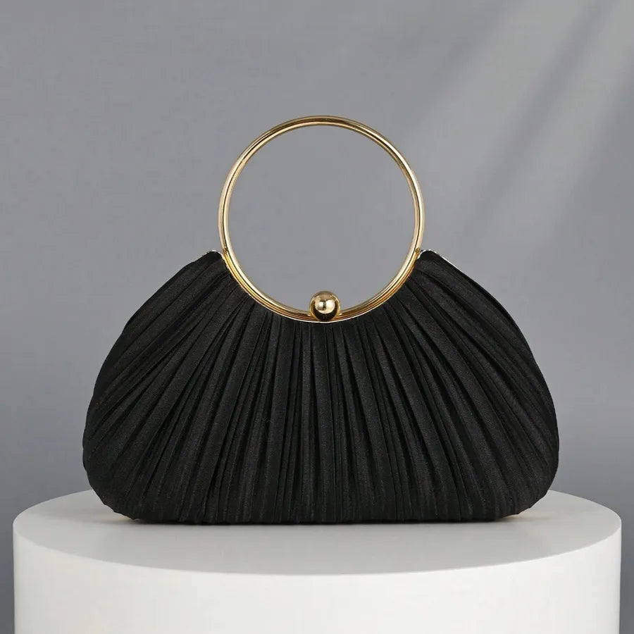 Women's Pleated Polyester Ring Handle Evening Clutch – Black front | BTendance