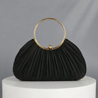 Women's Pleated Polyester Ring Handle Evening Clutch – Black front | BTendance