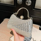 Women's Diagonal Rhinestone Top Handle Evening Bag – Silver held for scale | BTendance