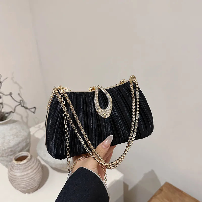 Pleated Evening Bag with Rhinestone Loop Detail – Black with chain | BTendance