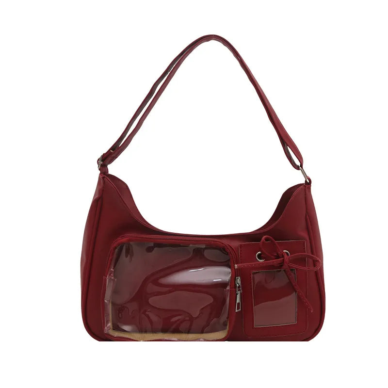Shoulder bag with clear front display pocket — burgundy with empty clear pocket on white background | BTendance