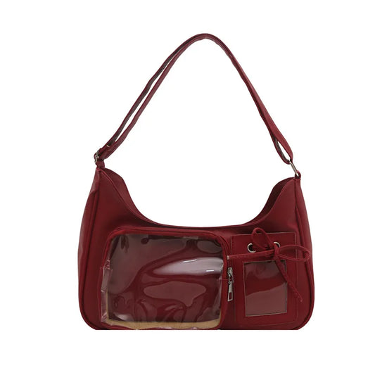 Shoulder bag with clear front display pocket — burgundy with empty clear pocket on white background | BTendance