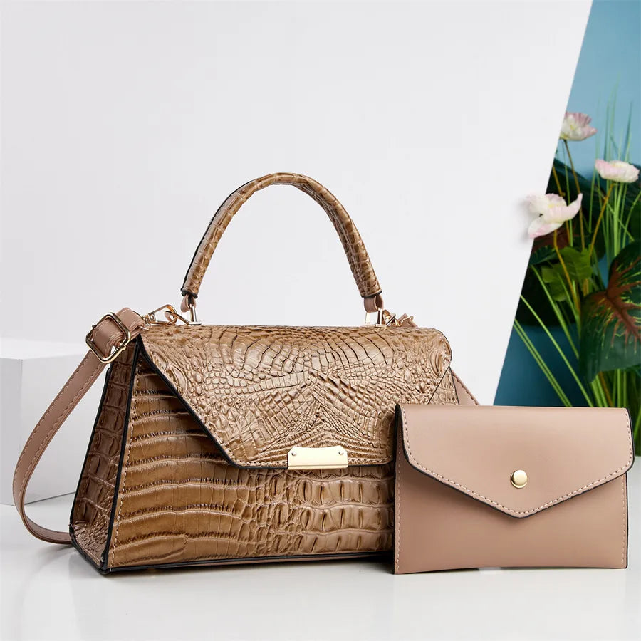 Croc-Embossed Faux Leather Handbag & Pouch Set — product view | BTendance