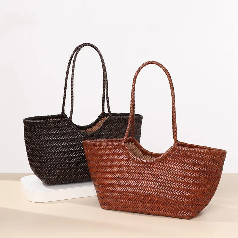 Woven texture tote with drawstring lining – Rust brown and dark brown totes displayed together | BTendance