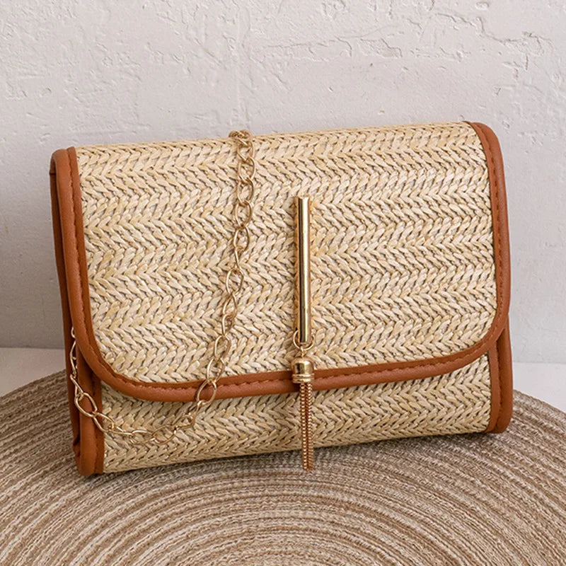 Woven flap crossbody bag with chain strap – Brown trim bag with long gold bar detail | BTendance