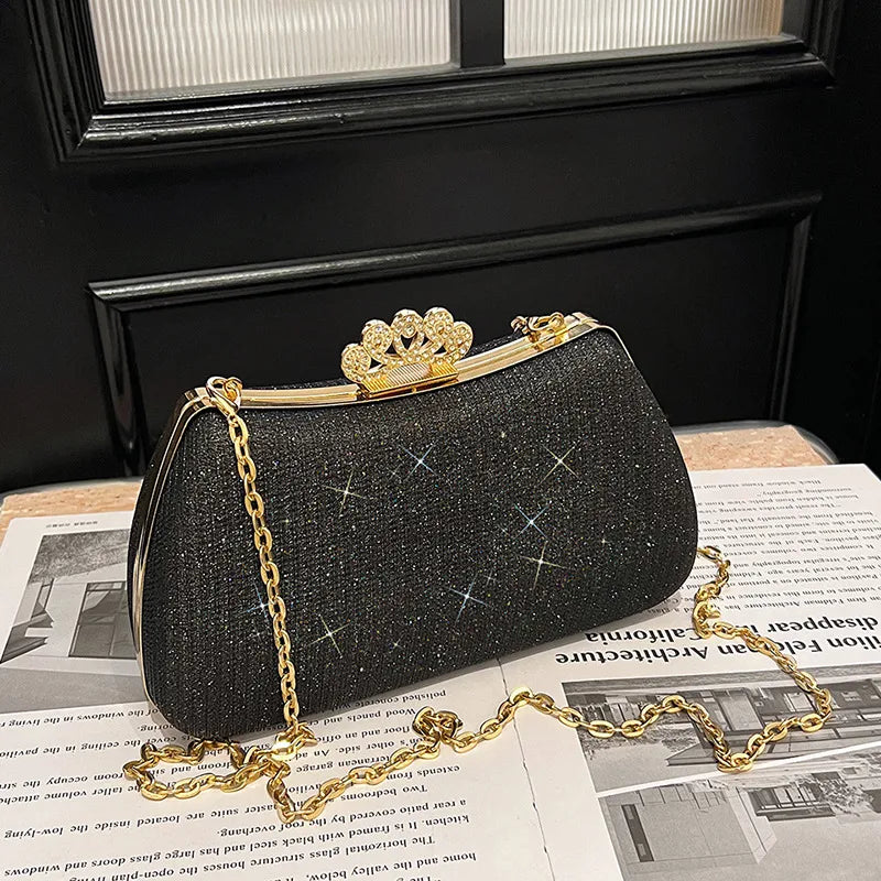 Women's Crown Clasp Rhinestone Evening Bag – Black with chain | BTendance