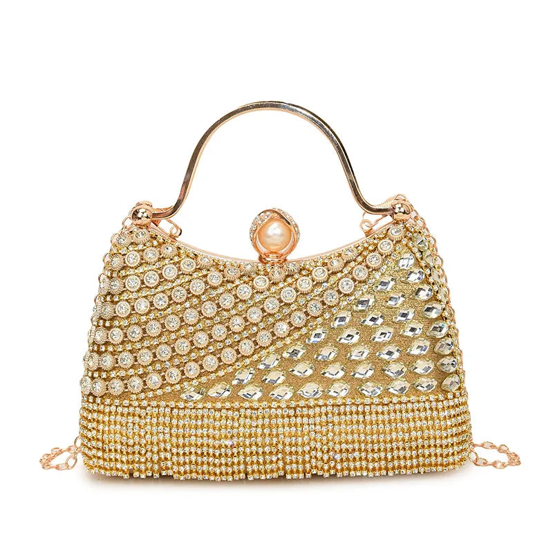 Women's Diagonal Rhinestone Top Handle Evening Bag – Gold front | BTendance