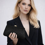 Women's Textured Nylon Evening Clutch with Slim Frame – Black held for scale | BTendance