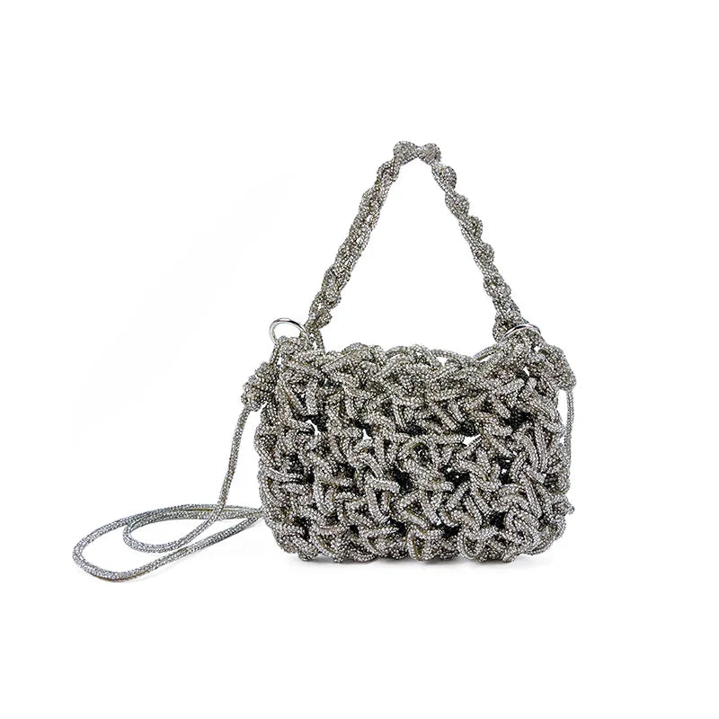 Woven Rhinestone Evening Bag with Shoulder Strap – Front with strap | BTendance
